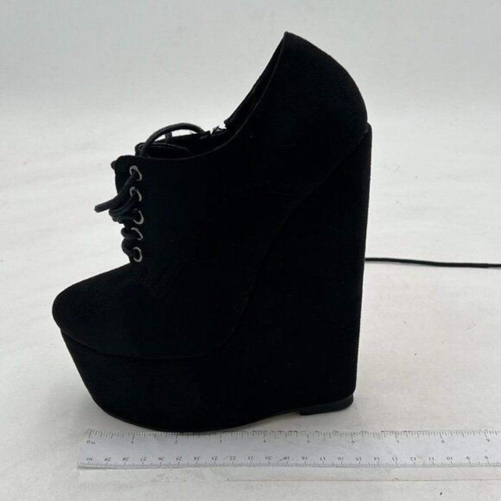 FOWT Black Super High Block Heel Platform Wedges Lace Up Outdoor Ankle Boots
